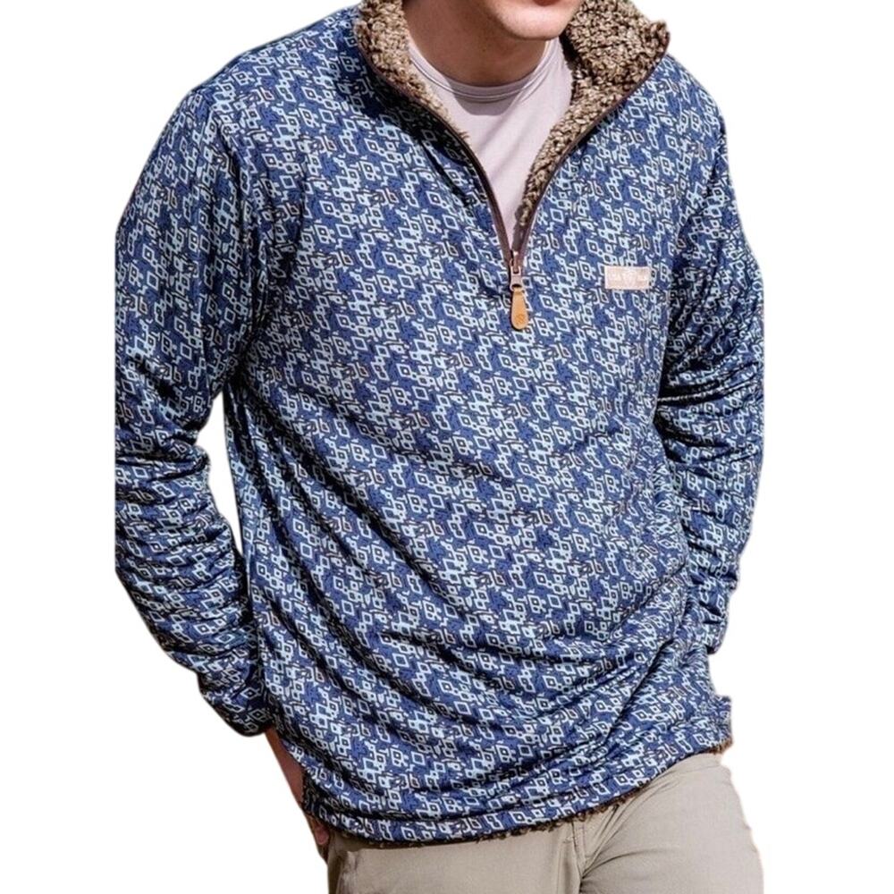 USA Palm Reversible Navy Geometric Print & Sherpa Pullover Men’s Size Small NWT
